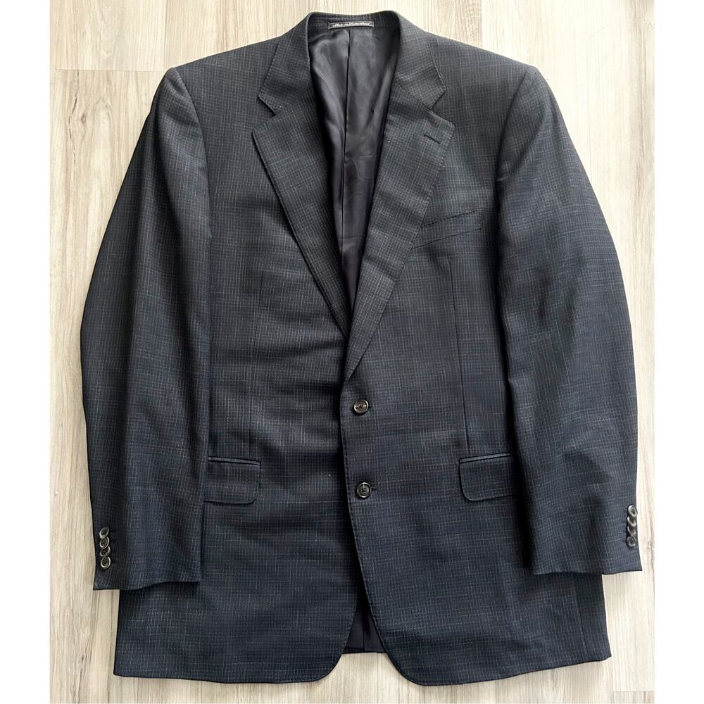 VTG Ermenegildo Zegna Dark Navy Blue and Plaid Wool Suit Jacket 46L Switzerland